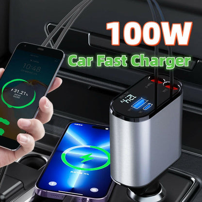 4 IN 1 100w Retractable Car Charger